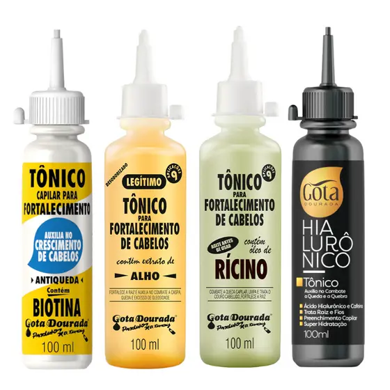 Kit Tônicos Capilares Gota Dourada  - Tradicional, Hialurônico e Biotina e Rícino