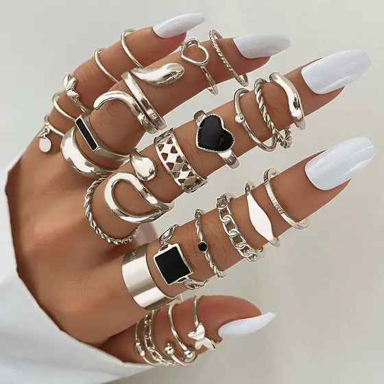 Conjunto de anéis multi-peças banhado a prata vazado amor geométrico feminino anel aberto ajustável multiarticulação