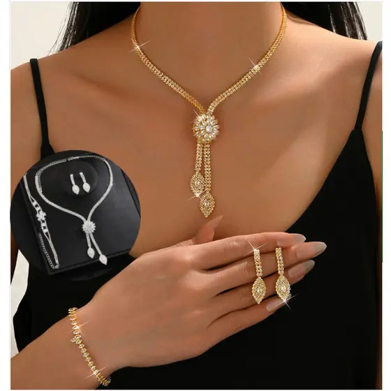 Novo conjunto de joias de zircônia criativas de moda europeia e americana, conjunto de brincos e colares para casamento