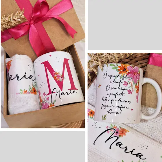 Kit Caneca Personalizada Floral Nome Com Caixa Toalha