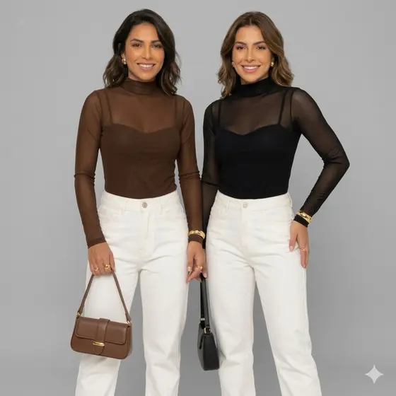 Blusa de Tule manga longa Malha Transparente Sem Sutiã Moda Casual Tendencia