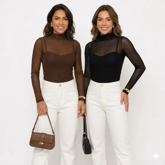 BLUSA DE TULE MANGA LONGA MALHA TRANSPARENTE SEM SUTIÃ MODA CASUAL TENDENCIA