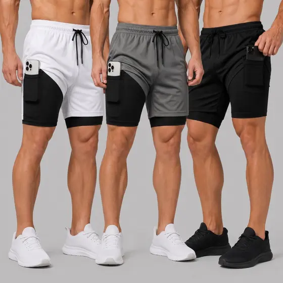 Kit 3 Shorts Masculino 2 em 1 Dry Fit Academia Corrida Fitness Confortável Com Bolso