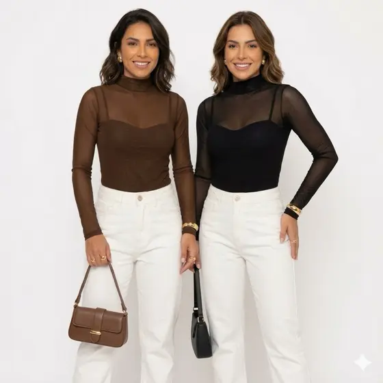 BLUSA de Tule manga longa Malha Transparente Sem Sutiã Moda Casual Tendencia linha premium