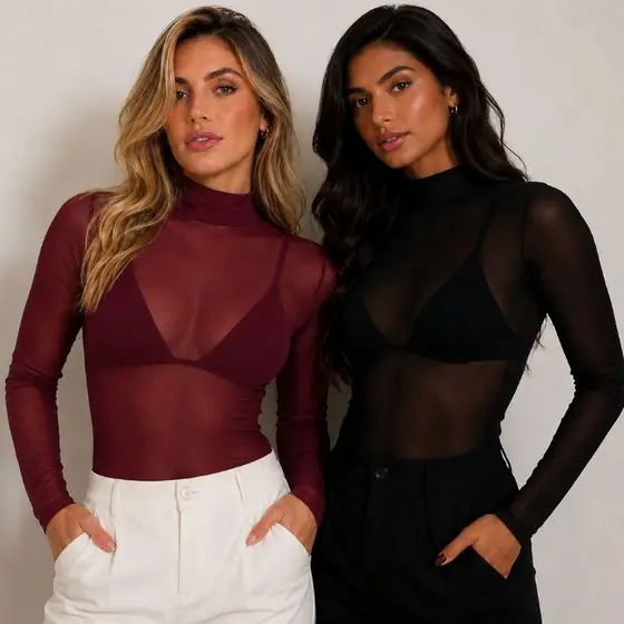 Blusa de Tule manga longa Malha Transparente Sem Sutiã Moda Casual Tendencia