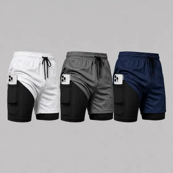 Shorts Masculinos 2 em 1 Academia Corrida e Fitness Confortáveis Forrados Com Bolso Premium