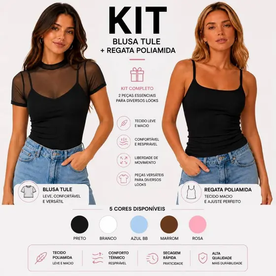 Kit Tule Manga Curta Mais Regata Alça Fina Confortável Dia a Dia