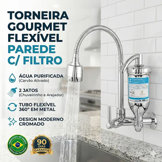 Torneira Cozinha Gourmet Parede com Filtro Tubo Flexível 2 Jatos - Cromada 1/4 De Volta