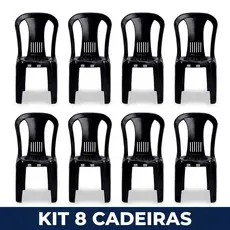 Kit 8 Cadeiras Plástica Preta 154kg INMETRO Empilhável Reforçada Bar Festa Igreja