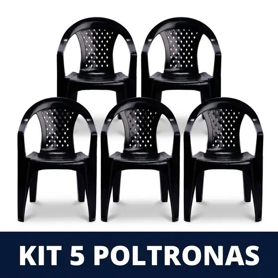 Kit 5 Poltronas Plástica Preta 154kg INMETRO Empilhável Reforçada Bar Festa Igreja