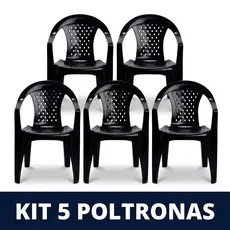 Kit 5 Poltronas Plástica Preta 154kg INMETRO Empilhável Reforçada Bar Festa Igreja