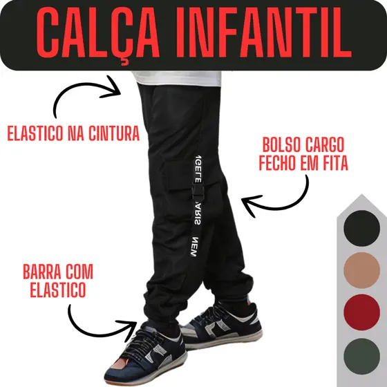Calça com Bolsos Cargo Masculina Infantil Menino Jogger Frio Bege Preta Verde Vermelha Calca Criança