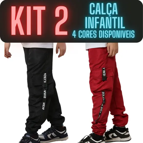 Kit 2 Calça Infantil Menino Tactel Jogger Cargo  10 12 14 Anos Juvenil Masculina Moda Escolar Dia a Dia Conforto Resiste