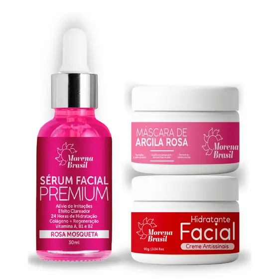 Kit Skin Care Completo –  Máscara De Argila Rosa + Sérum Facial Rosa Mosqueta + Creme Anti-Sinais