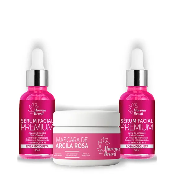 Kit Skin Care Completo Morena Brasil - Máscara Argila Rosa + 2X Sérum Rosa Mosqueta!!