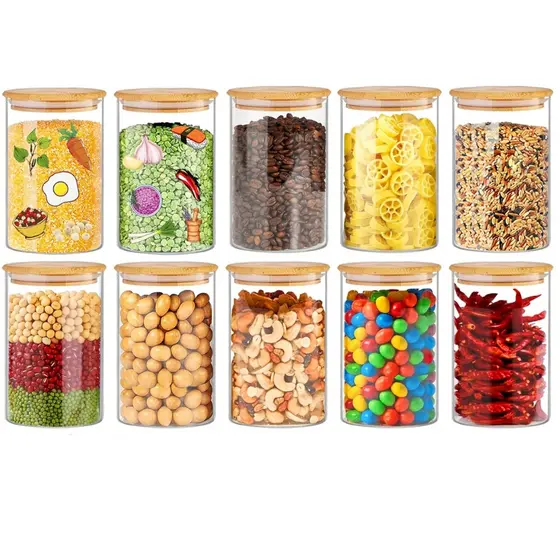 Jogo 10 Potes Hermetico Vidro 200ml Alimentos Tampa Bambu