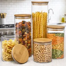 Jogo 5 Potes Hermetico Vidro Cozinha Mantimentos Tampa Bambu
