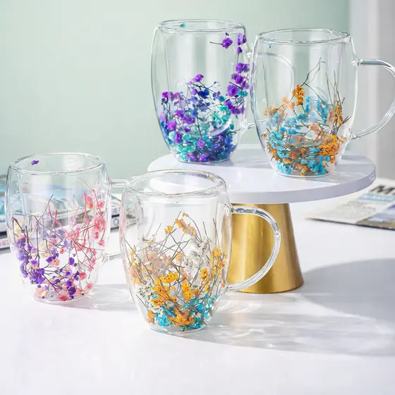 4 Caneca de Vidro 350ML Parede Dupla Flores Secas Naturais