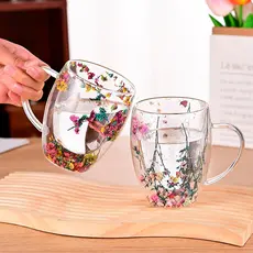 2 Caneca de Vidro 350ML Parede Dupla Flores Secas Naturais