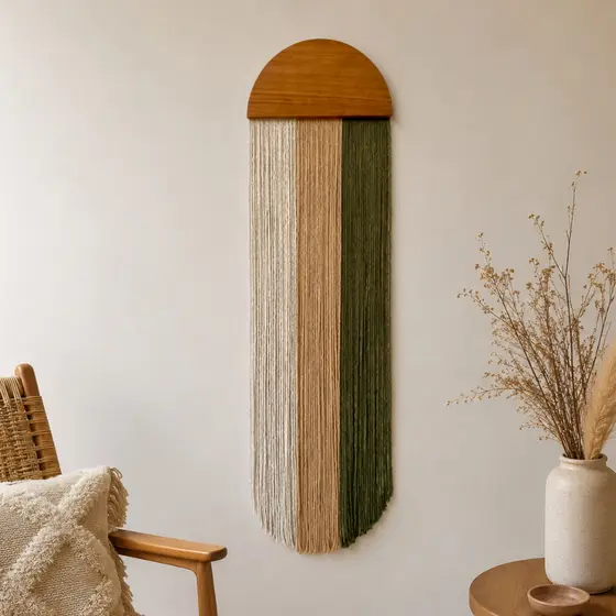 Painel Macramê Fios Soltos Meia Lua Decoração Sala Adorno Franjas Tapeçaria de Parede Boho Chic