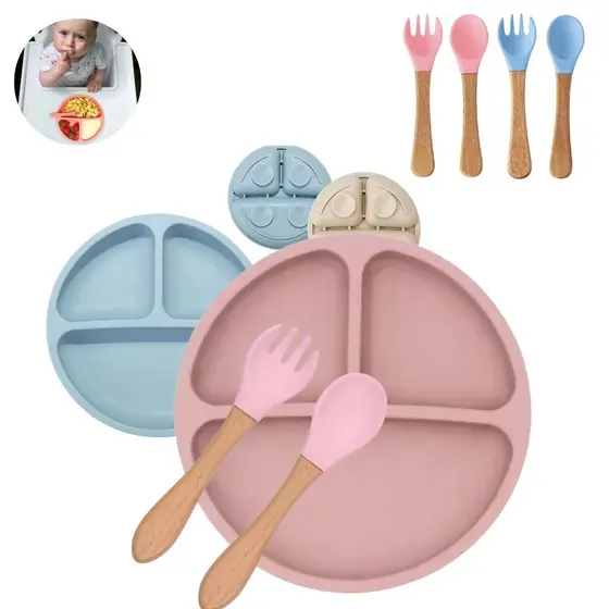 3 pçs Kit Prato com Talher Silicone Introdução Alimentar Bebê