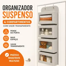 Organizador Suspenso 4 Compartimentos com Visor Transparente Porta Closet Guarda-Roupa Banheiro