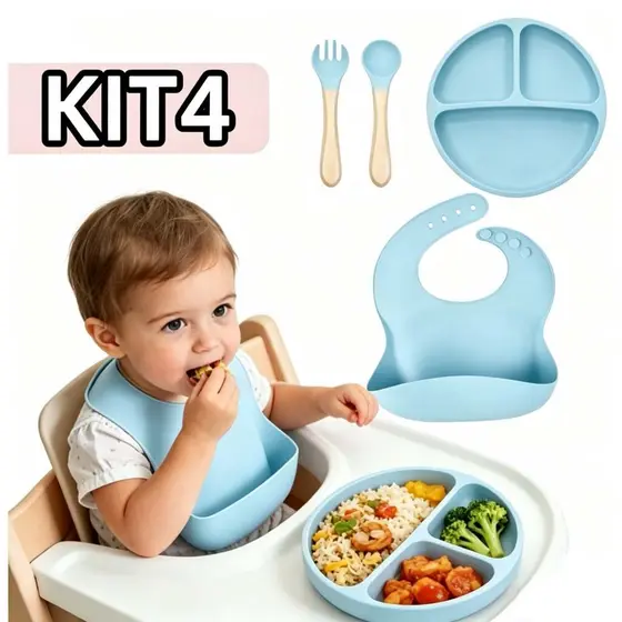 Kit Prato Talheres e Babador Silicone para Introdução Alimentar Bebê 4 Peças