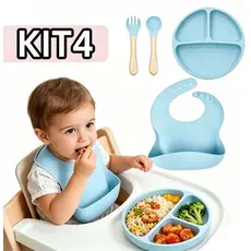 Kit Prato Talheres e Babador Silicone para Introdução Alimentar Bebê 4 Peças