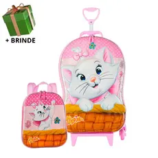 Mochila Escolar Menino Menina Lancheira Mala Infantil Gatinha Marie 3D Rodinha Resistente Viagem