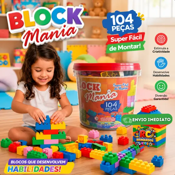 Balde Blocos de Montar 104 Peças Brinquedo Infantil Educativo Desenvolve Coordenação Motora Presente Dia Das Crianças