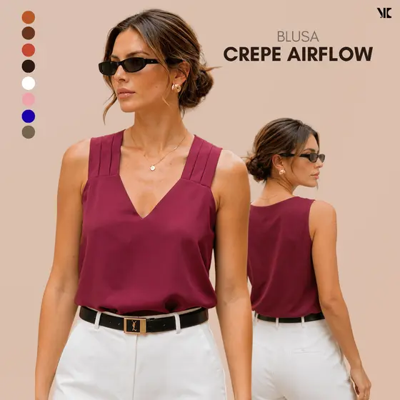 Blusa Regata Feminina Alça Larga Crepe AirFlow Premium