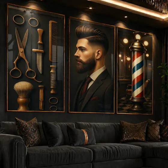 Quadro Decorativo Barbearia Vintage - Kit com Ferramentas, Cliente Estiloso e Poste Clássico