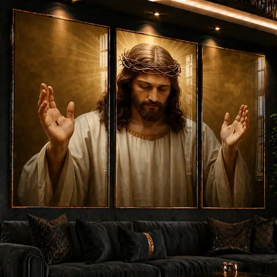Quadro Decorativo Jesus Cristo 3 Peças - Fé, Proteção e Inspiração Para Sua Sala