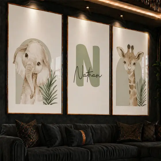Quadro Decorativo Nome Personalizado Crianças para Decoração Baby, Impressões de Animais Safari