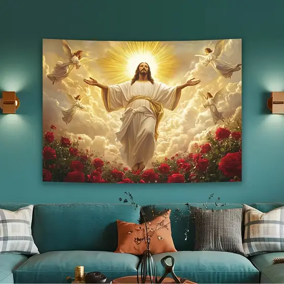 Quadro Decorativo Jesus Cristo Ascensão – Arte Religiosa Cristã com Anjos, Moderna para Sala e Igreja