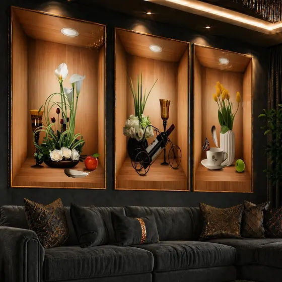 Quadro Decorativo de Foto de Flores 3D e Plantas Verdes para Sala de Estar, Quarto, Escritório,