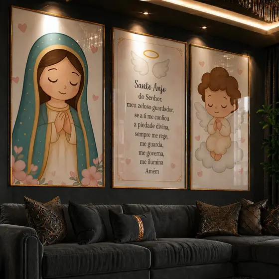 Quadro Decorativo Infantil Oração do Santo Anjo - Kit com Anjinho e Maria
