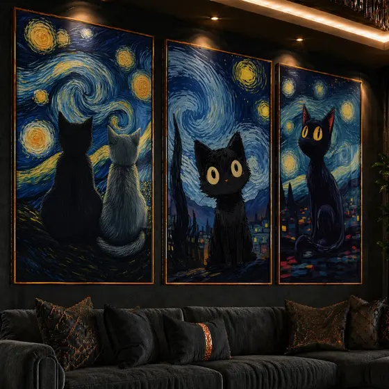 Kit 3 Quadros Decorativos Gatos Estilo Noite Estrelada Van Gogh – Arte Criativa para Sala ou Quarto
