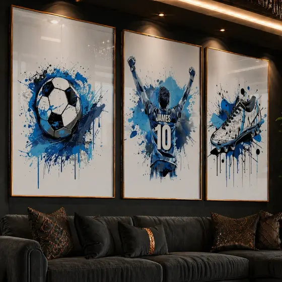 Quadro Decorativo 3 Peças Futebol com Nome Personalizado, Aquarela para Decoração de Casa, Presente