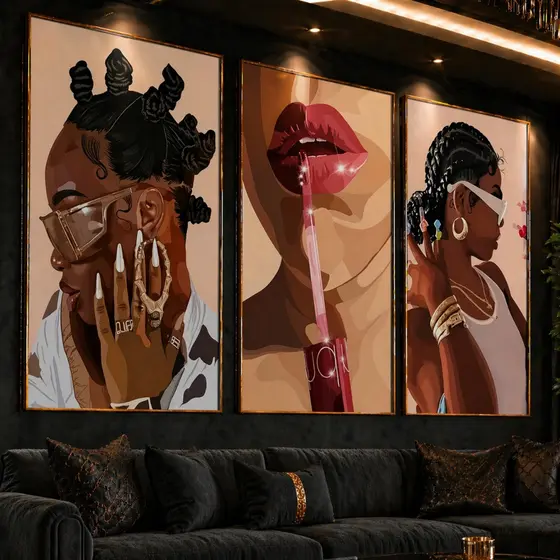 Kit 3 Quadros Decorativos Fashion Girl • Maquiagem, Tranças & Estilo Urbano • Arte Moderna para Sala e Quarto Feminino