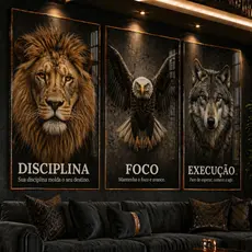 Quadro Decorativo Kit 3 Peças Motivacional Leão Águia Lobo Disciplina Foco Execução Sala Escritório