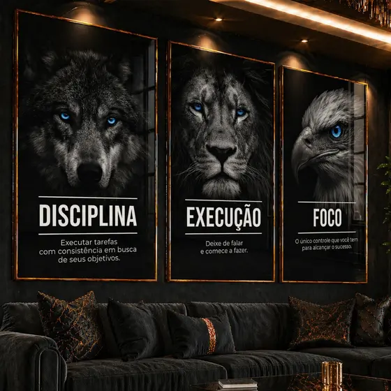 Kit 3 Quadros Decorativos Motivacional Disciplina Execução Foco Lobo Leão Águia Escritório Sala
