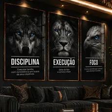 Kit 3 Quadros Decorativos Motivacional Disciplina Execução Foco Lobo Leão Águia Escritório Sala