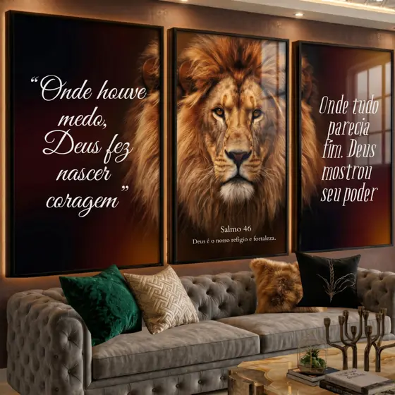 Quadro Decorativo Cristão Leão e Salmo 46 Coragem Poder de Deus para Sala e Quarto