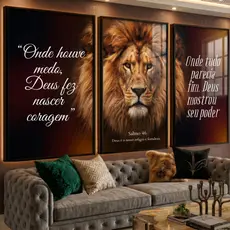 Quadro Decorativo Cristão Leão e Salmo 46 Coragem Poder de Deus para Sala e Quarto