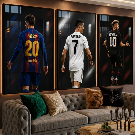 Kit 3 Quadros Decorativos Futebol Messi Cristiano Ronaldo Neymar Quarto Sala Mosaico Moderno