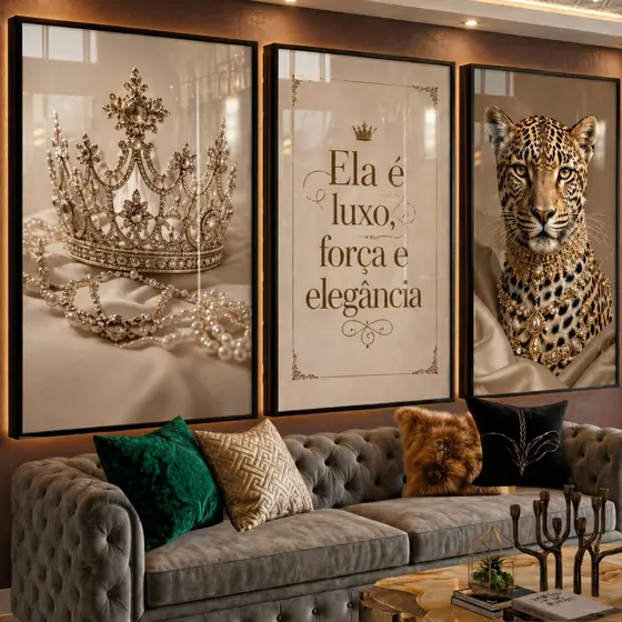 Quadro Decorativo Onça Leopardo Coroa Kit 3 Peças Luxo Elegância Sala Quarto