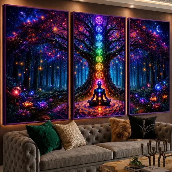 Quadros Decorativos Árvore da Vida Meditação e 7 Chakras Iluminados na Floresta Arte Zen Espiritual com Cores Neon
