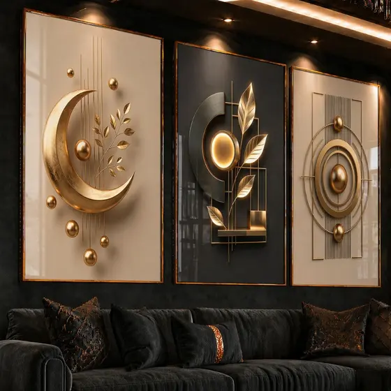 Quadro Decorativo Kit 3 Peças Abstrato Dourado Geométrico Luxo Sala Quarto Moderno