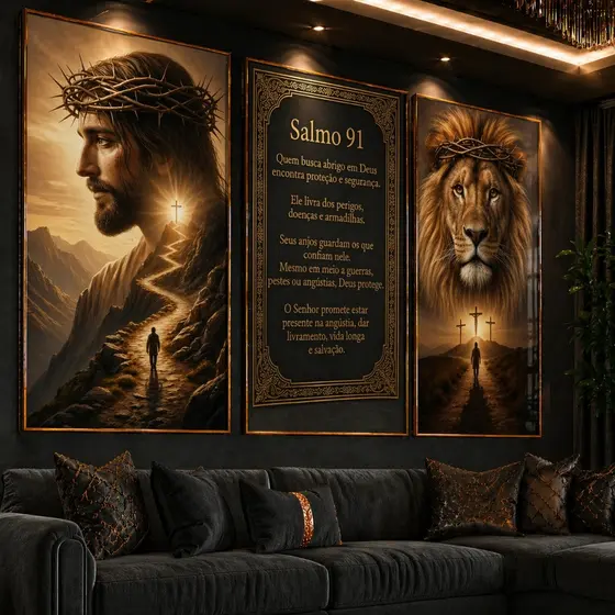 Kit 3 Quadros Decorativos Jesus Leão Salmo 91 Proteção e Fé Cristã